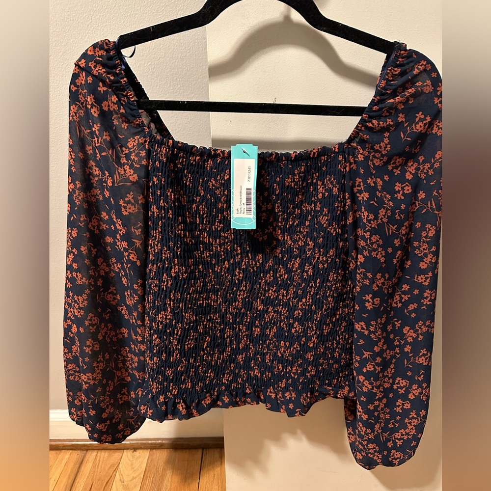 Navy and Orange off the shoulder blouse with sheer sleeves